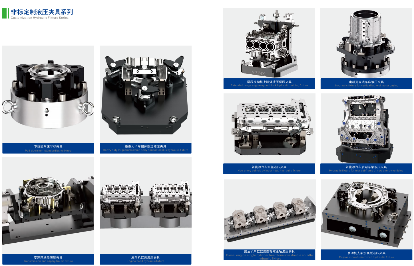 Portfolio sheet of custom hydraulic fixture architectures for automotive, engine, motor housing and heavy-truck components.